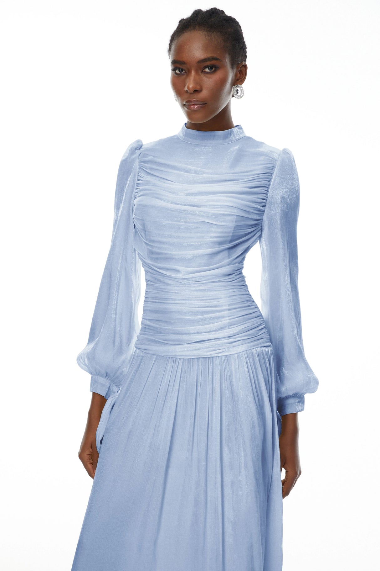 Katrín Blue Glossy Gathered Maxi Dress