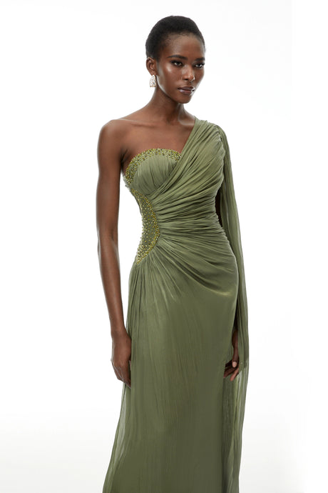 Pasqualina Maxi Dress Green One Shoulder Ruched
