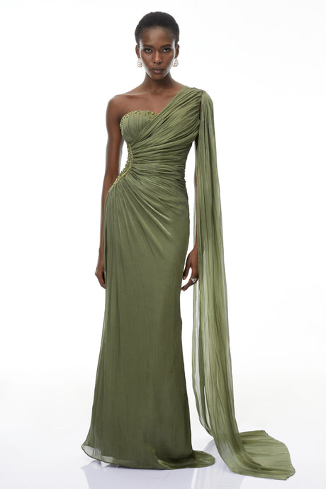 Pasqualina Maxi Dress Green One Shoulder Ruched