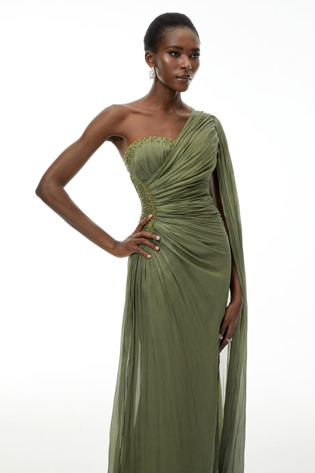 Pasqualina Maxi Dress Green One Shoulder Ruched