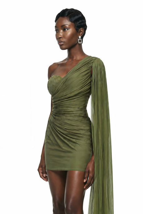 Diana Mini Dress Green One Shoulder Ruched