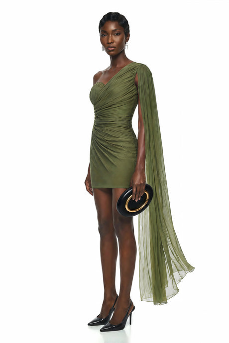 Diana Mini Dress Green One Shoulder Ruched