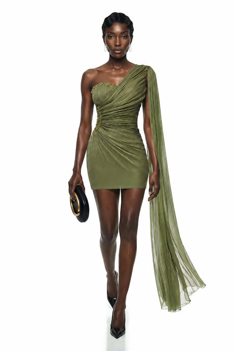 Diana Mini Dress Green One Shoulder Ruched