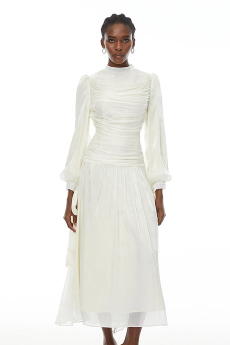Paris Maxi Dress White Glossy Gathered
