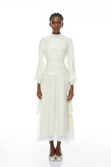 Katrín White Glossy Gathered Maxi Dress
