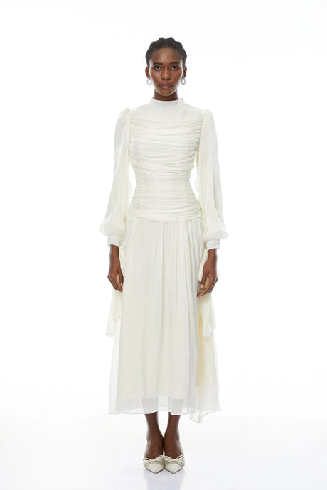 Paris Maxi Dress White Glossy Gathered