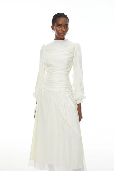 Paris Maxi Dress White Glossy Gathered
