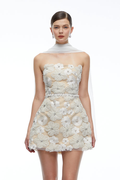 Lia Mini Dress White Floral Embroidered Strapless
