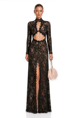 Kenza Black Cut Out Floral Lace Maxi Dress