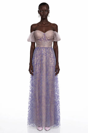Kepler Purple Sequin Ruched Maxi Dress with Puff Sleeves