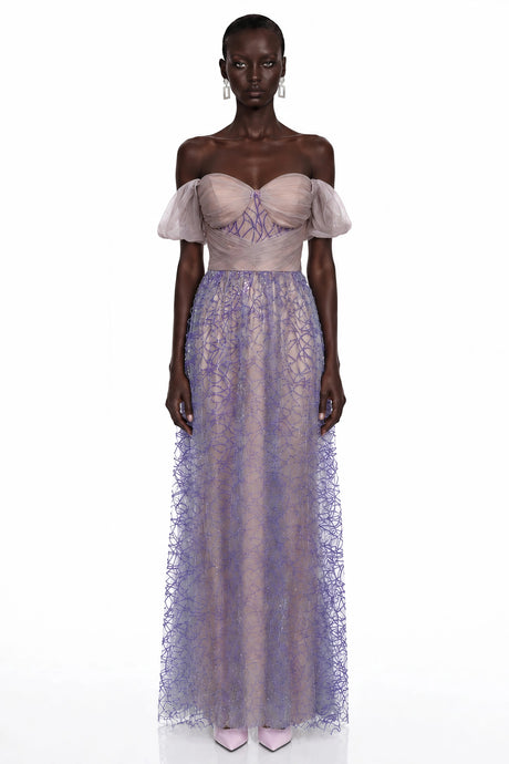 Madison Maxi Dress Purple Sequin Ruched with Puff Sleeves