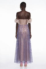 Kepler Purple Sequin Ruched Maxi Dress with Puff Sleeves