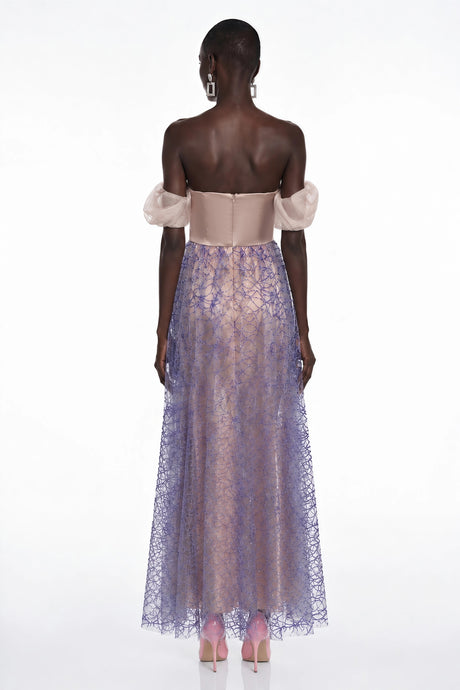 Madison Maxi Dress Purple Sequin Ruched with Puff Sleeves