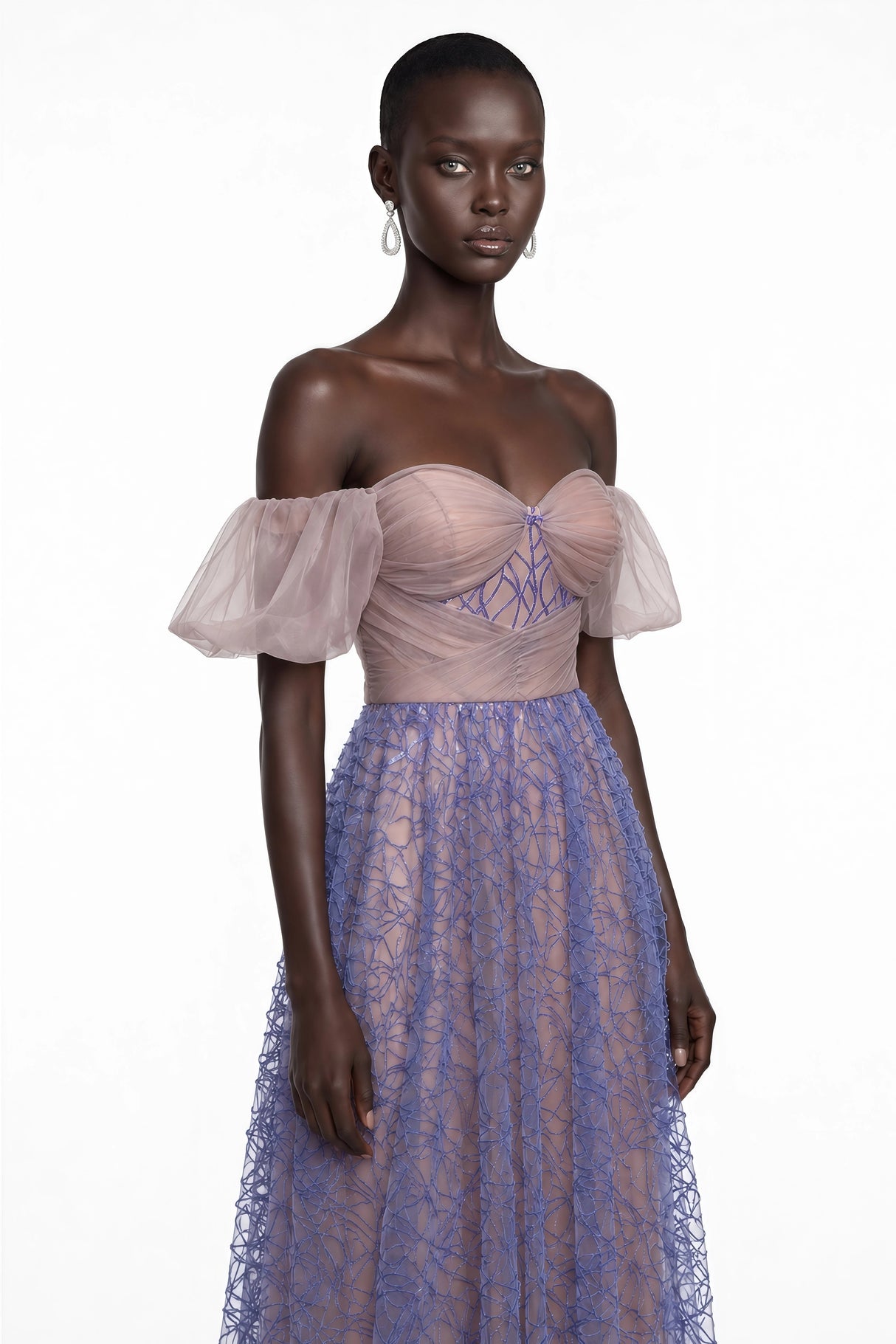 Kepler Purple Sequin Ruched Maxi Dress with Puff Sleeves