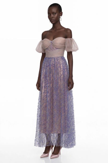 Madison Maxi Dress Purple Sequin Ruched with Puff Sleeves