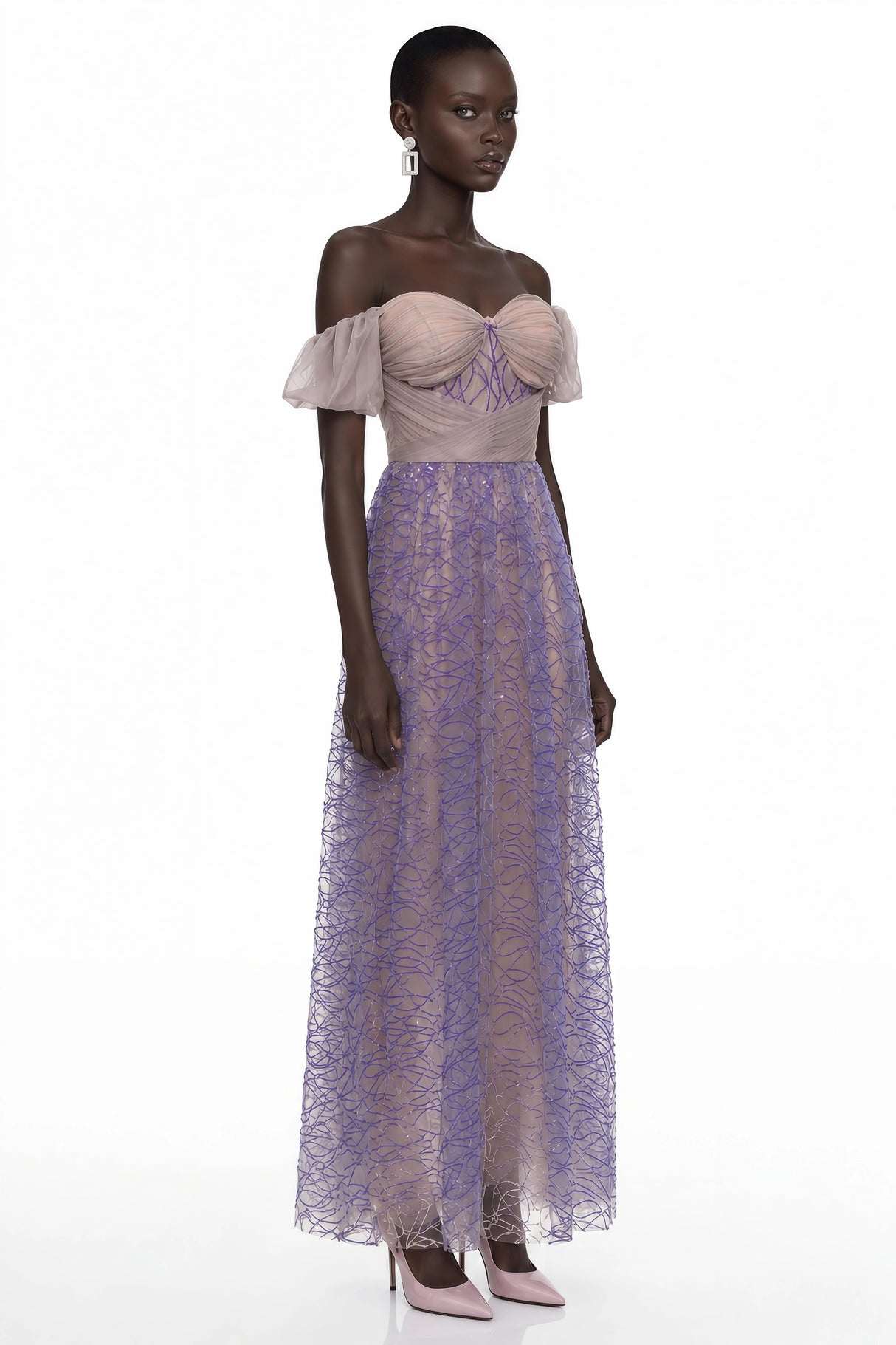 Kepler Purple Sequin Ruched Maxi Dress with Puff Sleeves