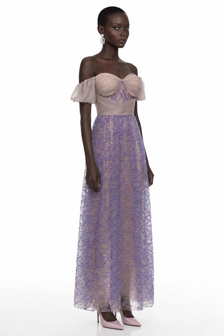 Madison Maxi Dress Purple Sequin Ruched with Puff Sleeves