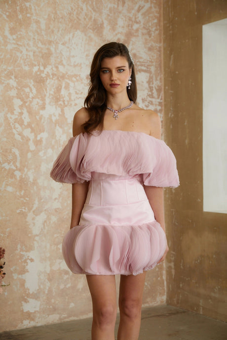 Aida Mini Dress Pink Off-Shoulder Ruffled