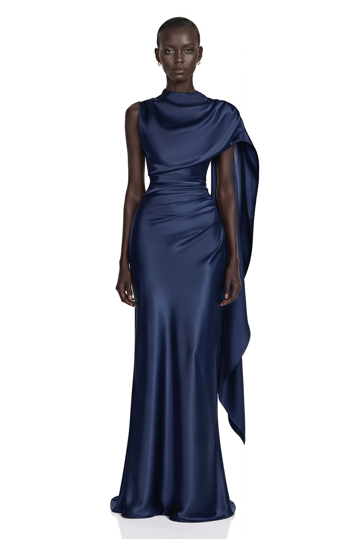 Kerttu Navy Blue Ruched Maxi Dress with Asymmetrical Sleeves