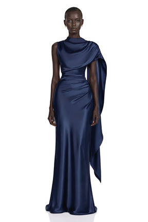 Kerttu Navy Blue Ruched Maxi Dress with Asymmetrical Sleeves