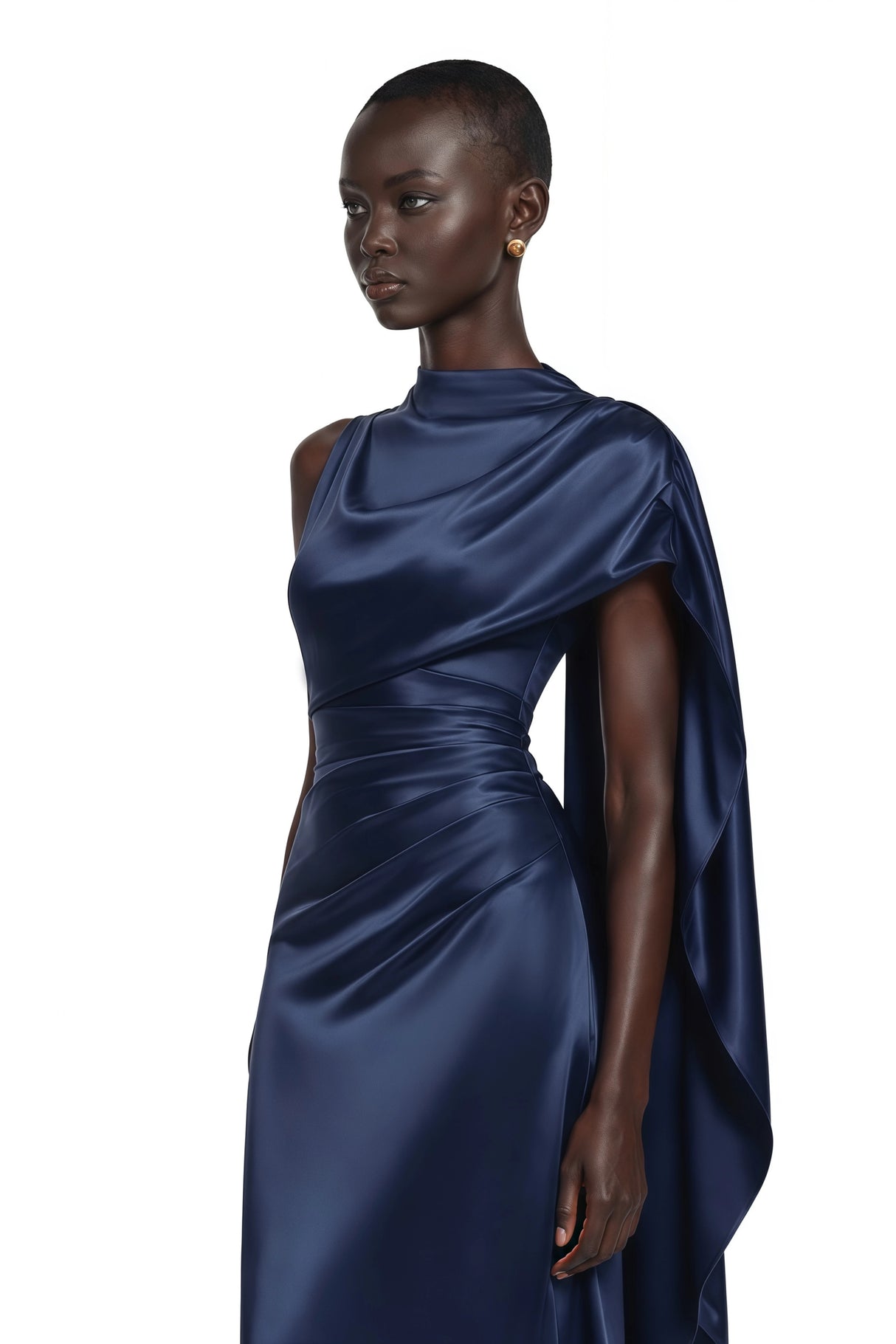 Kerttu Navy Blue Ruched Maxi Dress with Asymmetrical Sleeves