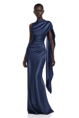 Kerttu Navy Blue Ruched Maxi Dress with Asymmetrical Sleeves