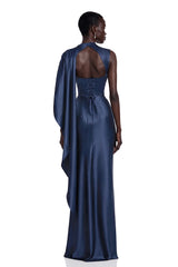 Kerttu Navy Blue Ruched Maxi Dress with Asymmetrical Sleeves
