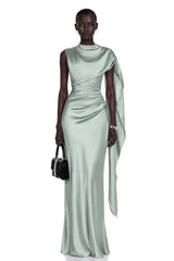 Kerttu Sage Green Ruched Maxi Dress with Asymmetrical Sleeves