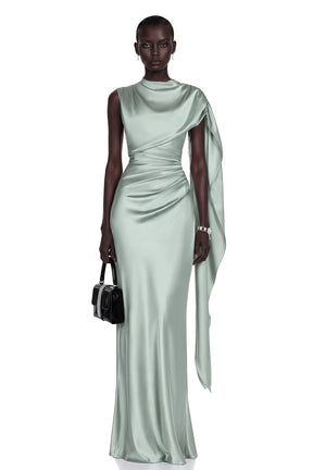 Kerttu Sage Green Ruched Maxi Dress with Asymmetrical Sleeves