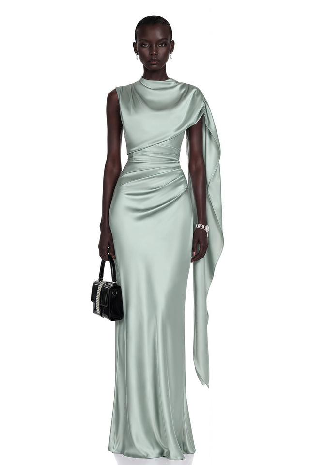 Kerttu Sage Green Ruched Maxi Dress with Asymmetrical Sleeves