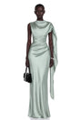 Kerttu Sage Green Ruched Maxi Dress with Asymmetrical Sleeves