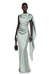 Kerttu Sage Green Ruched Maxi Dress with Asymmetrical Sleeves