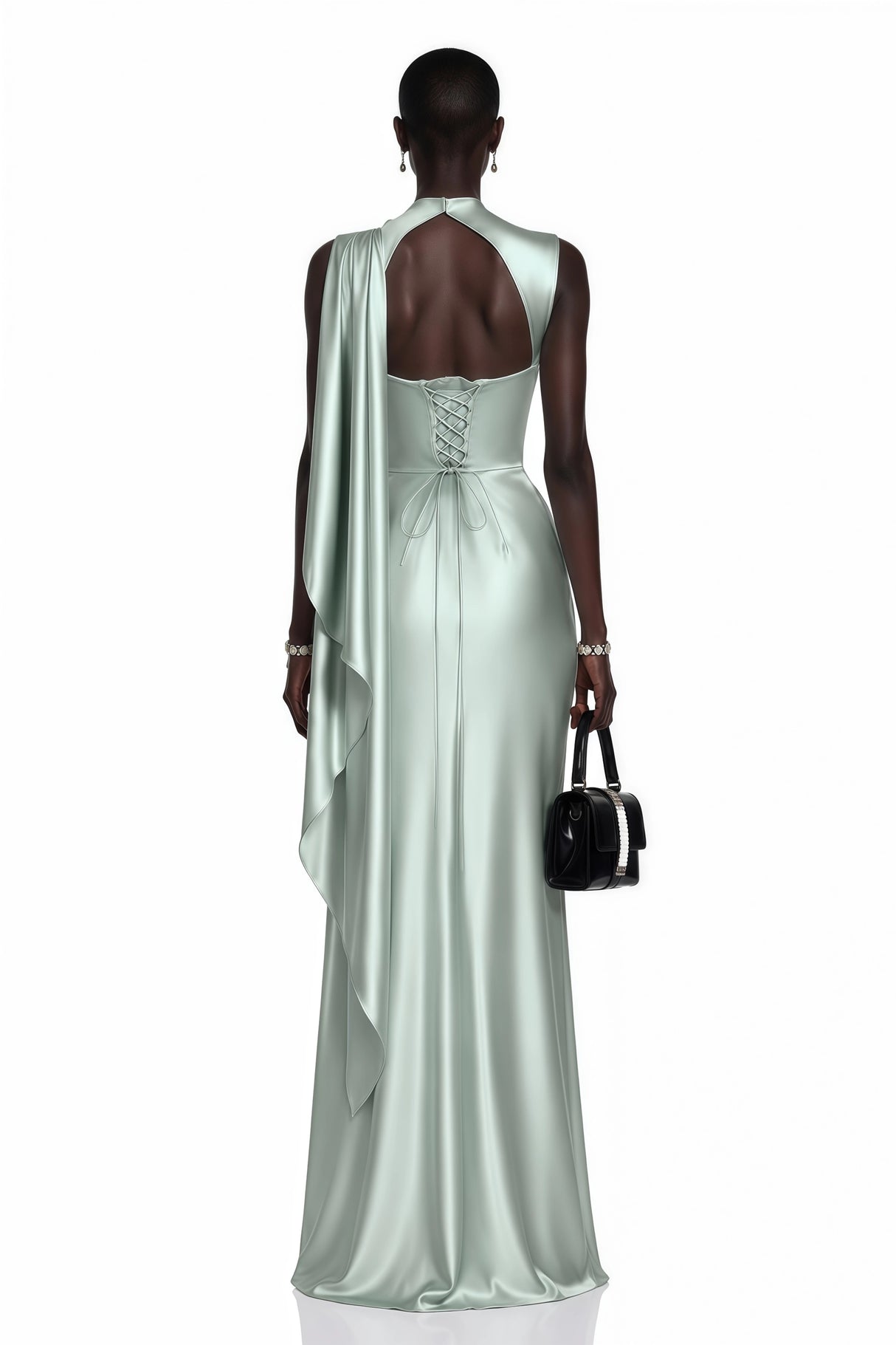 Kerttu Sage Green Ruched Maxi Dress with Asymmetrical Sleeves