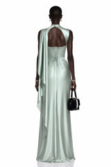 Kerttu Sage Green Ruched Maxi Dress with Asymmetrical Sleeves