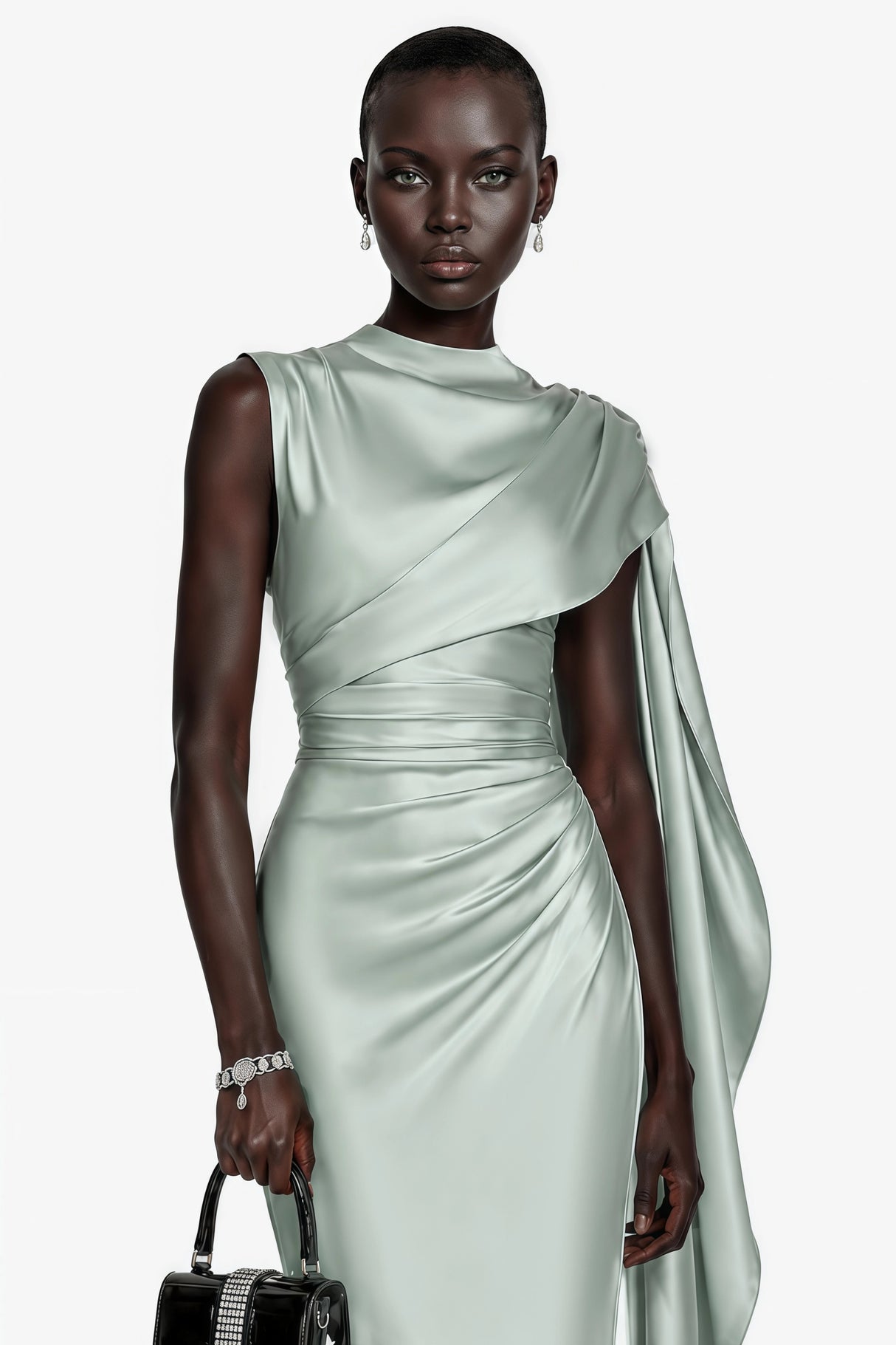 Kerttu Sage Green Ruched Maxi Dress with Asymmetrical Sleeves