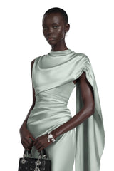 Kerttu Sage Green Ruched Maxi Dress with Asymmetrical Sleeves