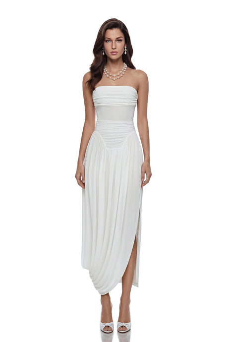Cassandra Midi Dress White Off Shoulder Ruched