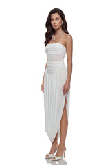 Kiia White Off Shoulder Ruched Midi Dress