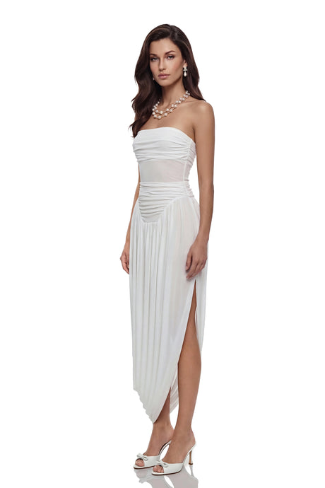 Cassandra Midi Dress White Off Shoulder Ruched