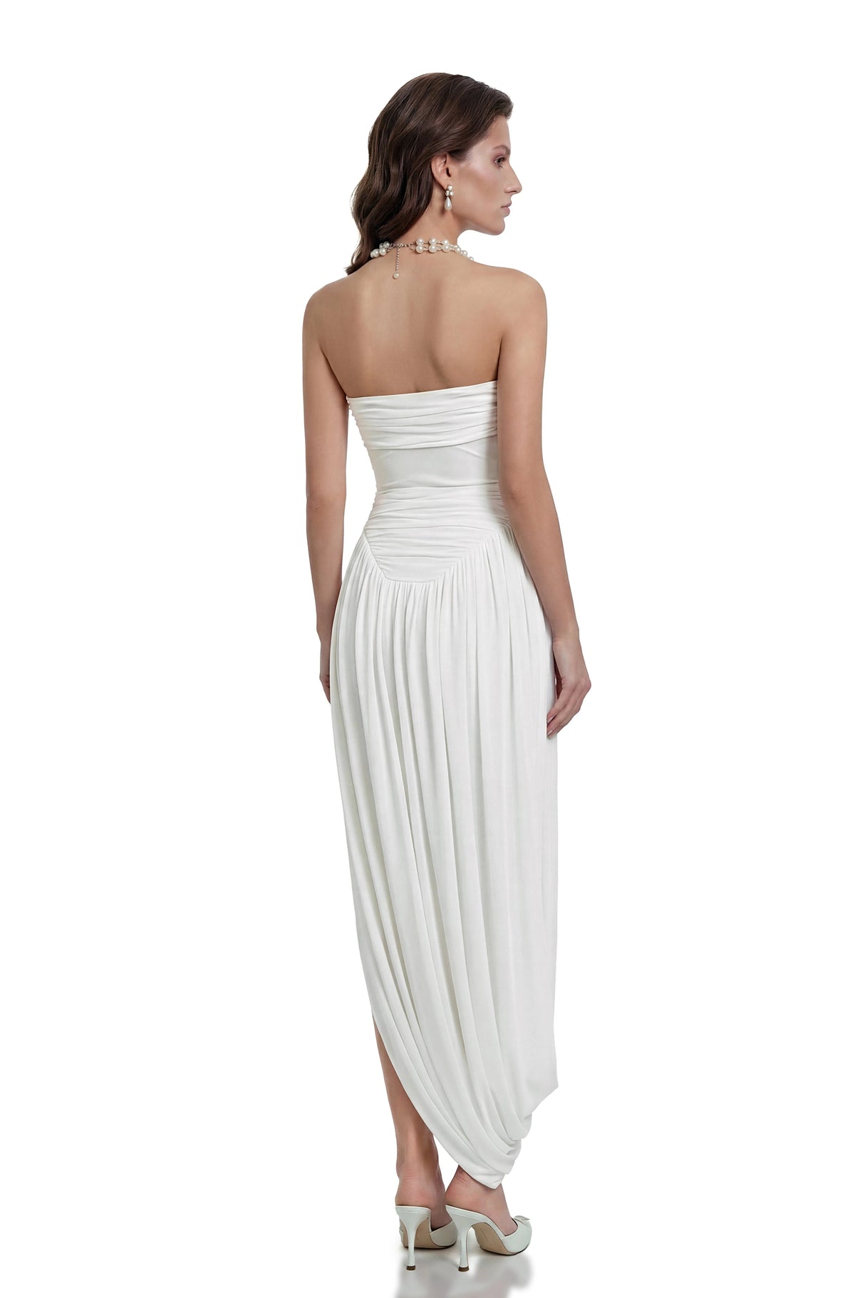 Kiia White Off Shoulder Ruched Midi Dress