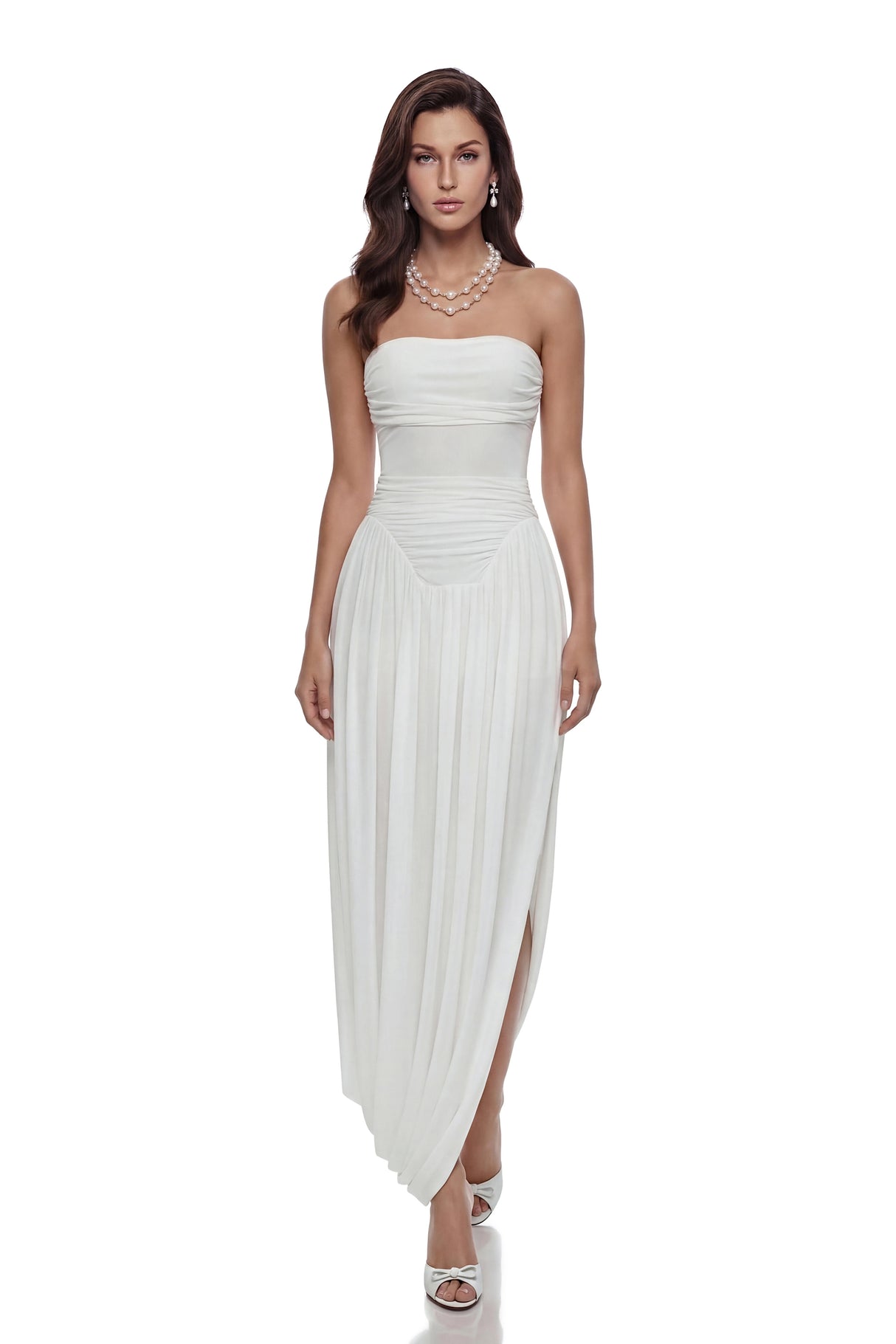 Kiia White Off Shoulder Ruched Midi Dress