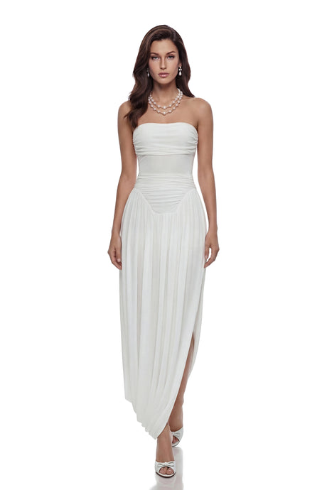 Cassandra Midi Dress White Off Shoulder Ruched