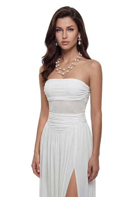 Cassandra Midi Dress White Off Shoulder Ruched