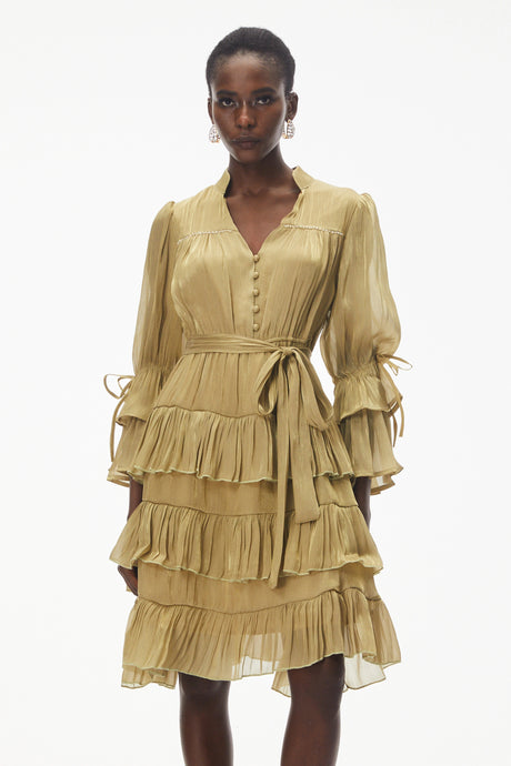 Lodovica Mini Dress Green Ruffled with Bow