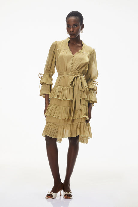 Lodovica Mini Dress Green Ruffled with Bow