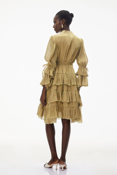 Lodovica Mini Dress Green Ruffled with Bow
