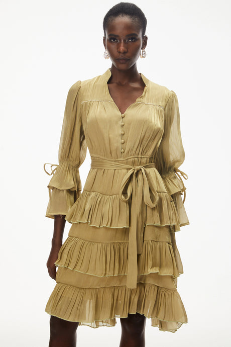 Lodovica Mini Dress Green Ruffled with Bow