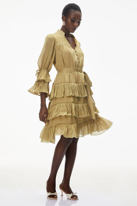 Lodovica Mini Dress Green Ruffled with Bow