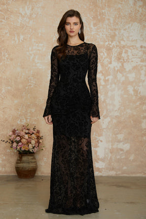 Kismet Black Flocked Floral Ruched Maxi Dress