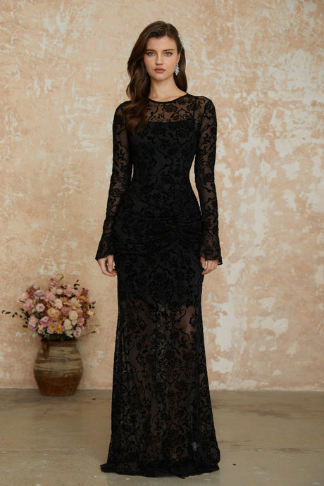Dahlia Maxi Dress Black Flocked Floral Ruched
